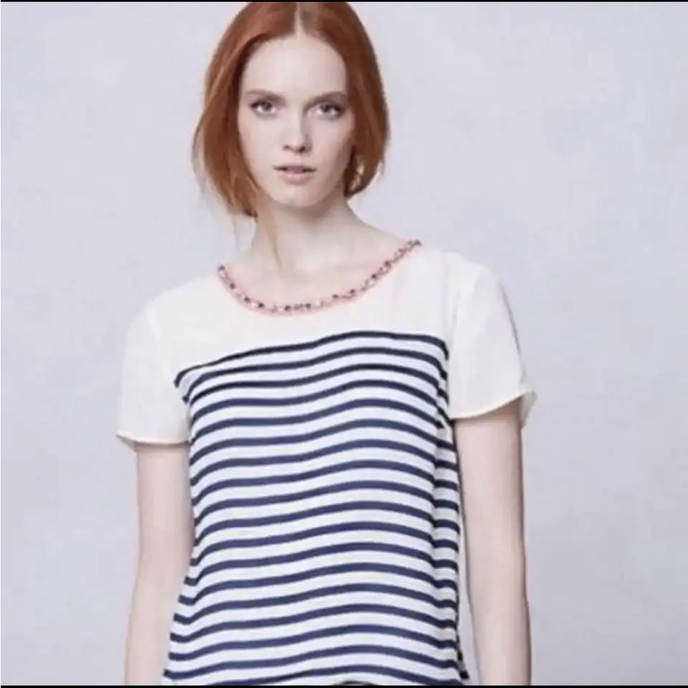 Anthropologie Maeve Size Medium Rhinestone Collar Striped Shirt - Picture 1 of 6